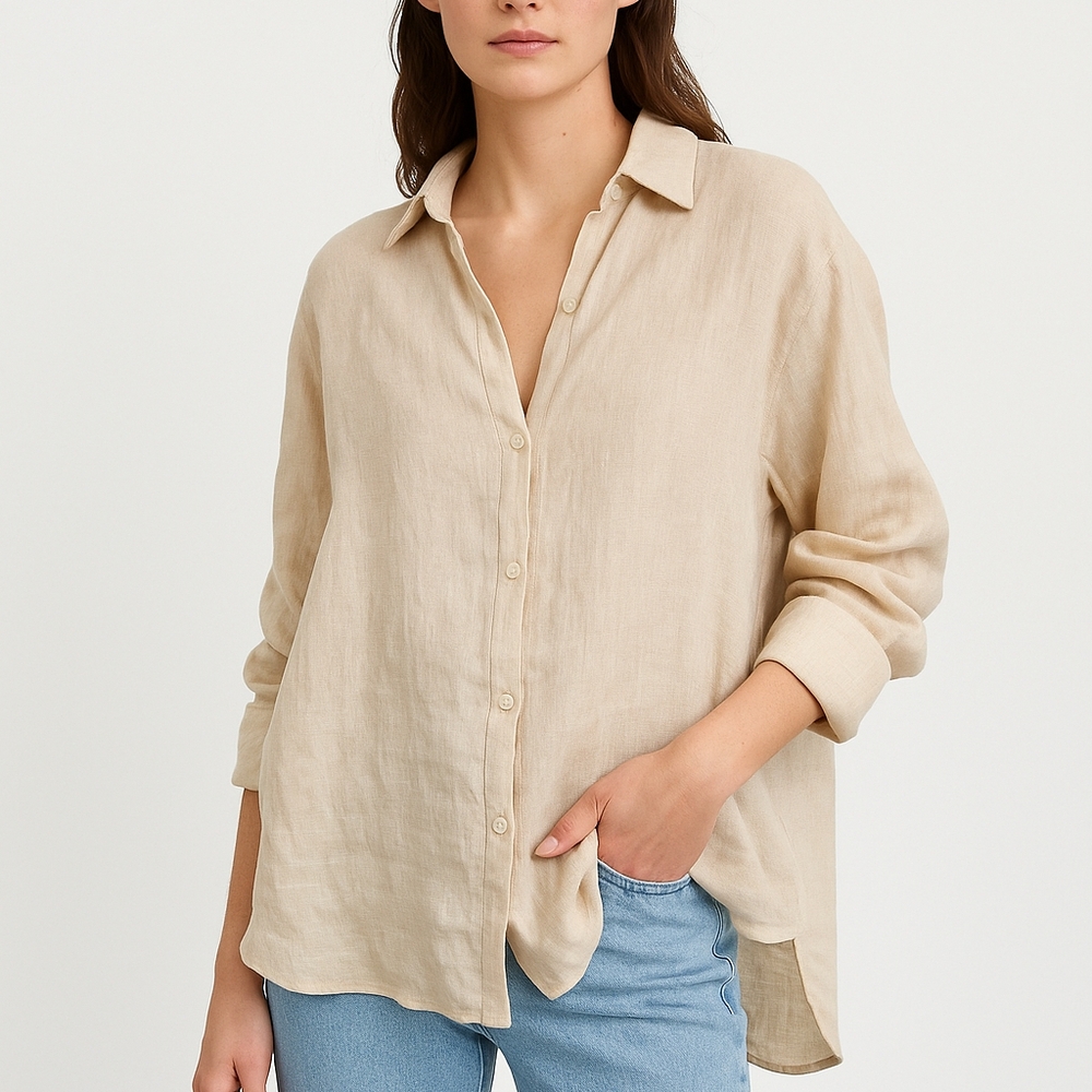 Zara Beige Button-Down Linen Shirt